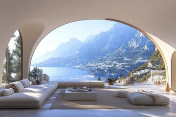 Fototapeta premium Panoramic coastal living room with arched views