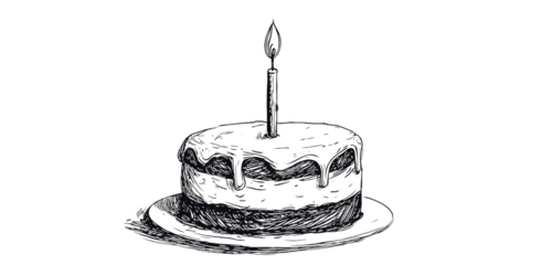 Hand-drawn Birthday Cake with Candle, Sketch Style, Isolated on Transparent Background, illustration, clipart, Cake, Birthday, Dessert