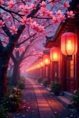 Fototapeta premium Lanterns illuminated by the gentle glow of cherry blossoms, bright, warm