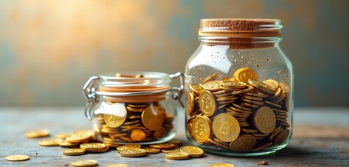 Aesthetic jars filled with golden coins symbolize savings, investment, and financial growth, ideal for business, finance, or entrepreneurship themes.
