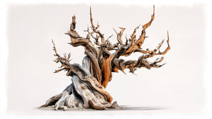 A photograph highlighting the enduring strength of an ancient bristlecone pine, captured with a botanical focus against a white background, showcasing its 4,000 years of life.  