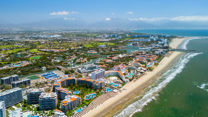 Aerial landscape of luxury hotel zone and marina in nuevo vallarta, nayarit mexico