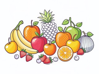 Simple Line Art Fruit Coloring Pages Apples Bananas Oranges and Grapes for Kids and Adults Printable Coloring Book