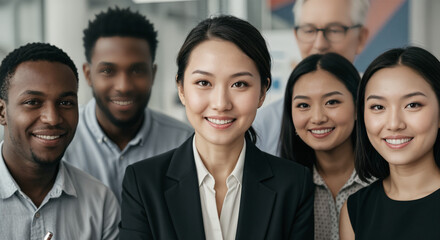 Fototapeta premium A group of professional coworkers of different ethnicities smiling confidently in a modern office environment, portraying the spirit of teamwork, collaboration, and camaraderie