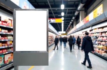 Fototapeta premium Blank billboard in busy supermarket aisle with shoppers under bright lighting