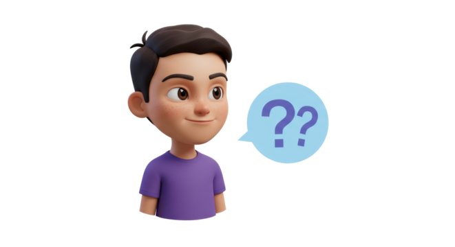 Isolated Boy with Question Marks in Speech Bubble