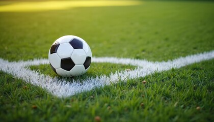 Fototapeta premium Soccer ball on corner of green football field. White markings, green grass create sport competition atmosphere. Details close-up. Football sport game concept.