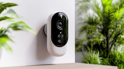 Wireless security camera mounted on a wall