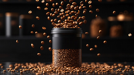 Coffee beans flying from black jar on dark background  