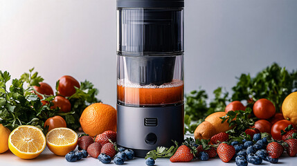 Juicer extracting fresh juice surrounded by colorful fruits  