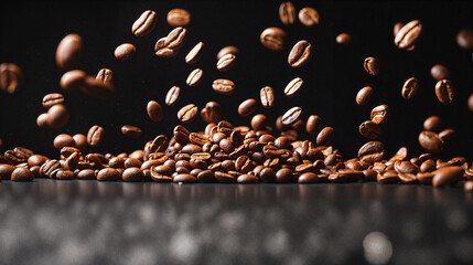 Coffee beans falling on a dark background  