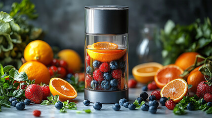 Juicer with Fresh Fruits Displayed on a Rustic Background  