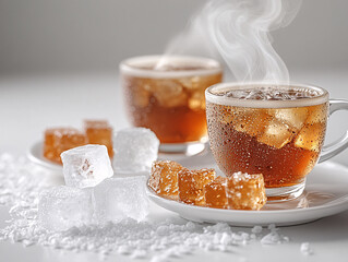 Iced tea steaming with ice cubes on a white background  