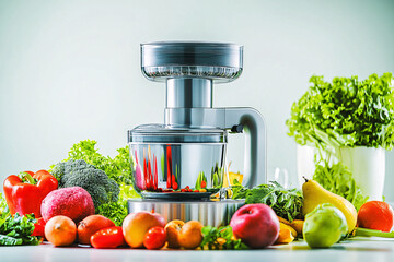 Juicer with fresh fruits and vegetables on a bright background  