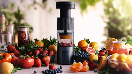 Juicer with Fresh Fruits and Vegetables on a Vibrant Table  