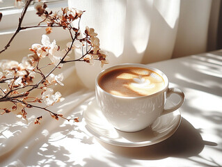 Coffee cup with latte art beside delicate flowers in sunlight  