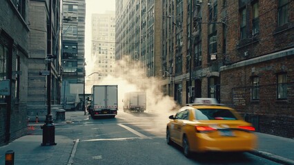 Obraz premium A bright yellow taxi cab drives down a city street surrounded by tall buildings, providing transportation services
