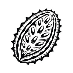 Kiwano Fruit Isolated, Exotic African Horned Melon Silhouette, Prickly, Black and White