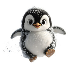Fluffy 3D Cartoon Penguin Chick Waddling Through Snow Isolated on Transparent Background