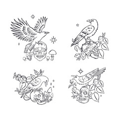 Hand drawn monochrome inky sketch style raven or crows sitting on human skull set. Mystic black bird and head bone surrounded by nettle leaves Halloween design