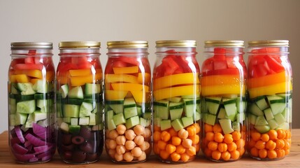 Artistic layered mason jar salad colorful vegetables chickpeas and balsamic dressing arranged for a trendy aesthetic