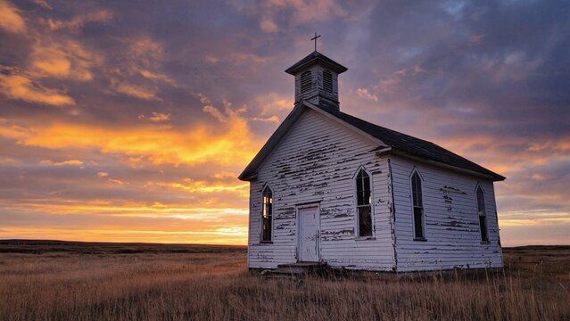 An old church sits in a field at sunset, with warm light and shadows