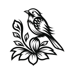 Simple Monochrome Bird on Flower Branch, Floral Design Element, Black & White