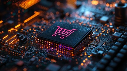Shopping cart icon on a microchip, orange circuit background. Details abound