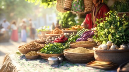 Heritage market scene with spices, grains, and vegetables in baskets, traditional vendor and natural textures in a sunlit rural setting.