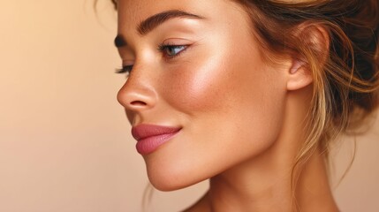 Fototapeta premium Beautiful woman with flawless skin and rosy lips in a captivating profile portrait.