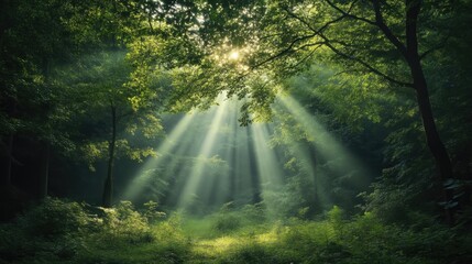 Sunlight streams through a lush forest canopy