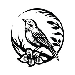 Silhouette Bird Perched Branch with Flower & Leaves, Monochrome Floral Circle Design