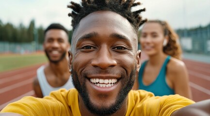 Fototapeta premium Cheerful group of friends taking a selfie on a track, filled with happiness.