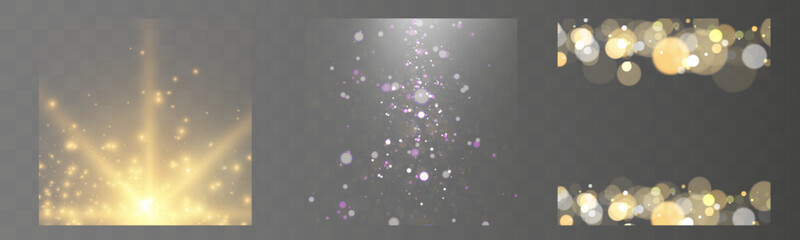 Glowing light effects with sparkling glitter, bokeh, golden and silver shine, magic dust, luxury decoration elements, festive luminous overlays, abstract shimmering backgrounds.   © NAUM