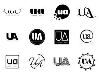 UA logo company template. Letter u and a logotype. Set different classic serif lettering and modern bold text with design elements. Initial font typography.