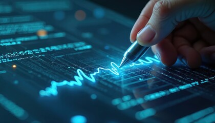 Hand using digital pen applies electronic signature on data graph on screen. Modern technology, data security, digital transformation, financial analysis, business.