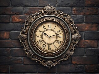 Obraz premium Antique Ornate Clock with Roman Numerals on Textured Brick Wall, Time Concept.
