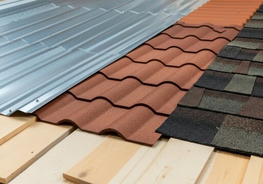 Different roofing materials samples on wooden base, comparison of roof covering types