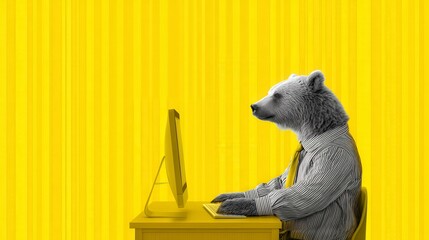 Black and white bear in striped shirt works at computer on bright yellow background.