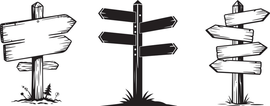 Wooden Signpost Vector Silhouette line art Illustrations Set