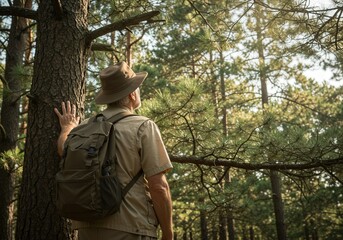 A senior man, wearing a hat and backpack, enjoys the beauty of the forest scene.