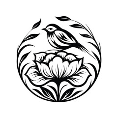 Monochrome Bird Perched on Floral Vine, Nature Inspired Round Decoration, Black and White