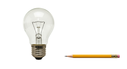Isolated Pencil and Light Bulb, Illustrating Idea, Education, and Creativity
