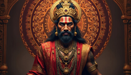 Fototapeta premium Portrait of divine Hindu figure adorned with rich gold jewelry crown and red traditional garments. Spiritual background perfect for Hanuman Jayanti, religious Indian celebration. Copy space design.