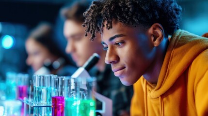 A focused young man studies a science experiment in a laboratory setting.