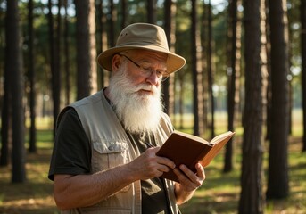 An elderly man with a long beard and glasses reads a book in a tranquil forest setting.