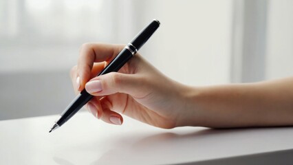 A person holding a pen and writing on a paper, great for use in creative projects or educational settings