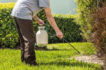Man spraying weed killer herbicide on green grass residential yard. Landscaper using pump chemical...