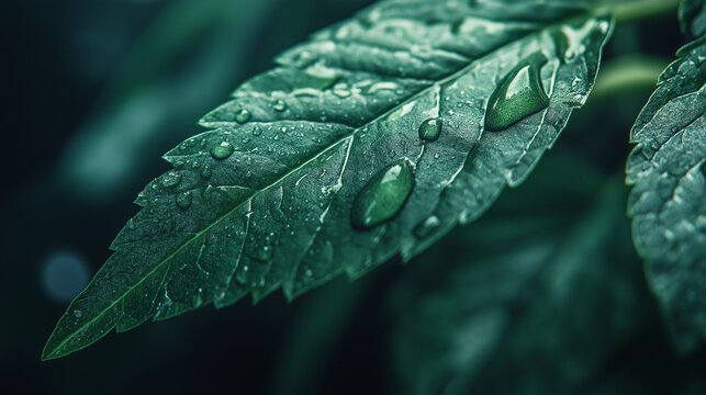 Macro close-up of green leaf with water droplets - Powered by Adobe