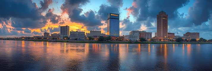 Naklejka premium City skyline at sunset over a calm river
